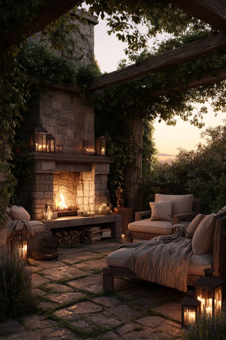 Stone outdoor fireplace with lit lanterns and cushioned rustic seating on a candlelit patio at dusk