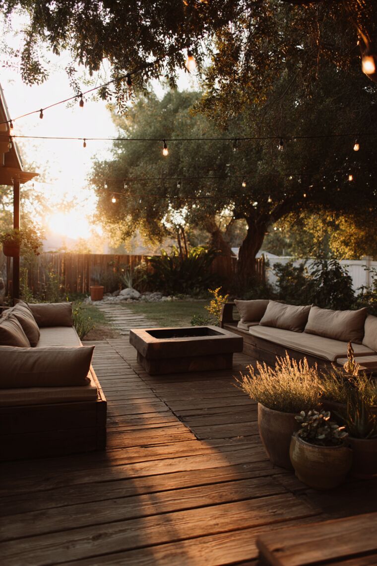 Wooden backyard deck with low cushioned sofas, square fire pit and string lights beneath an olive tree