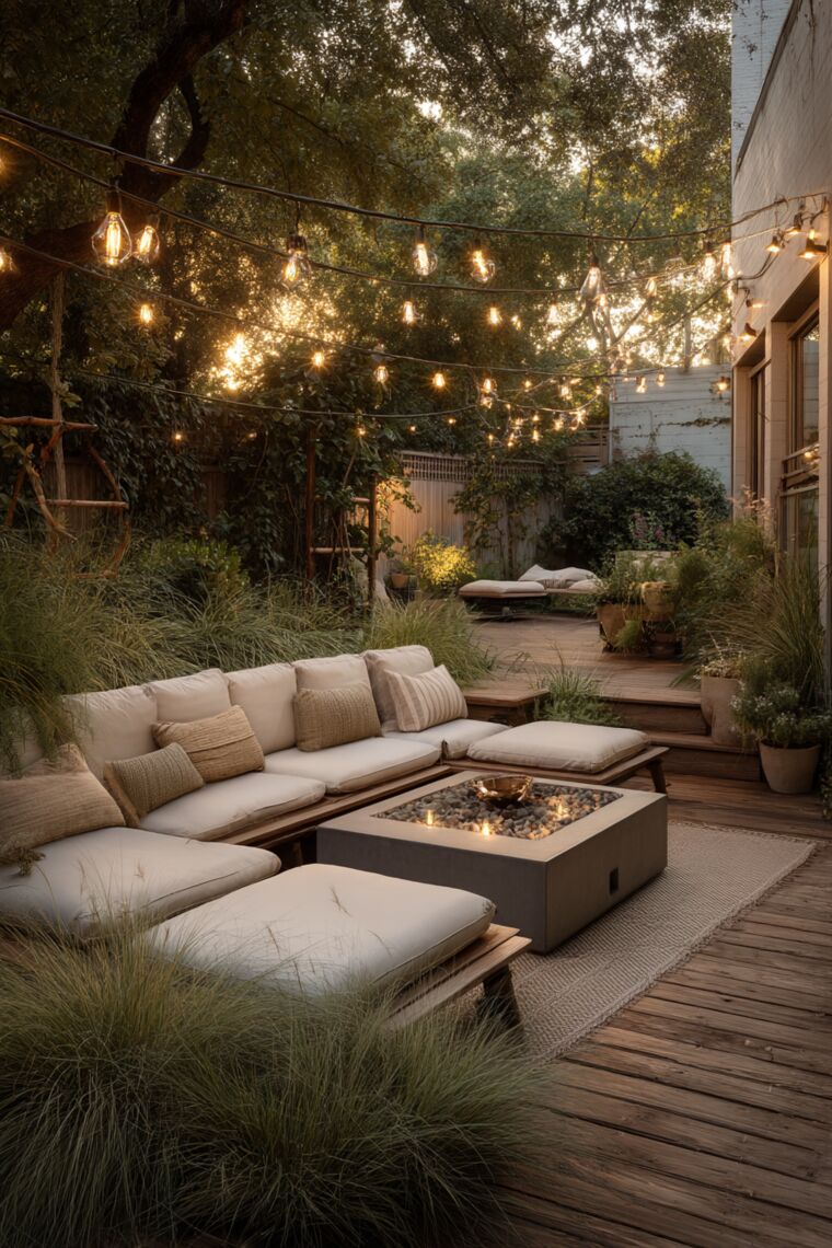 Courtyard patio with linen sectional, pebble-topped fire pit table and layers of warm string lights