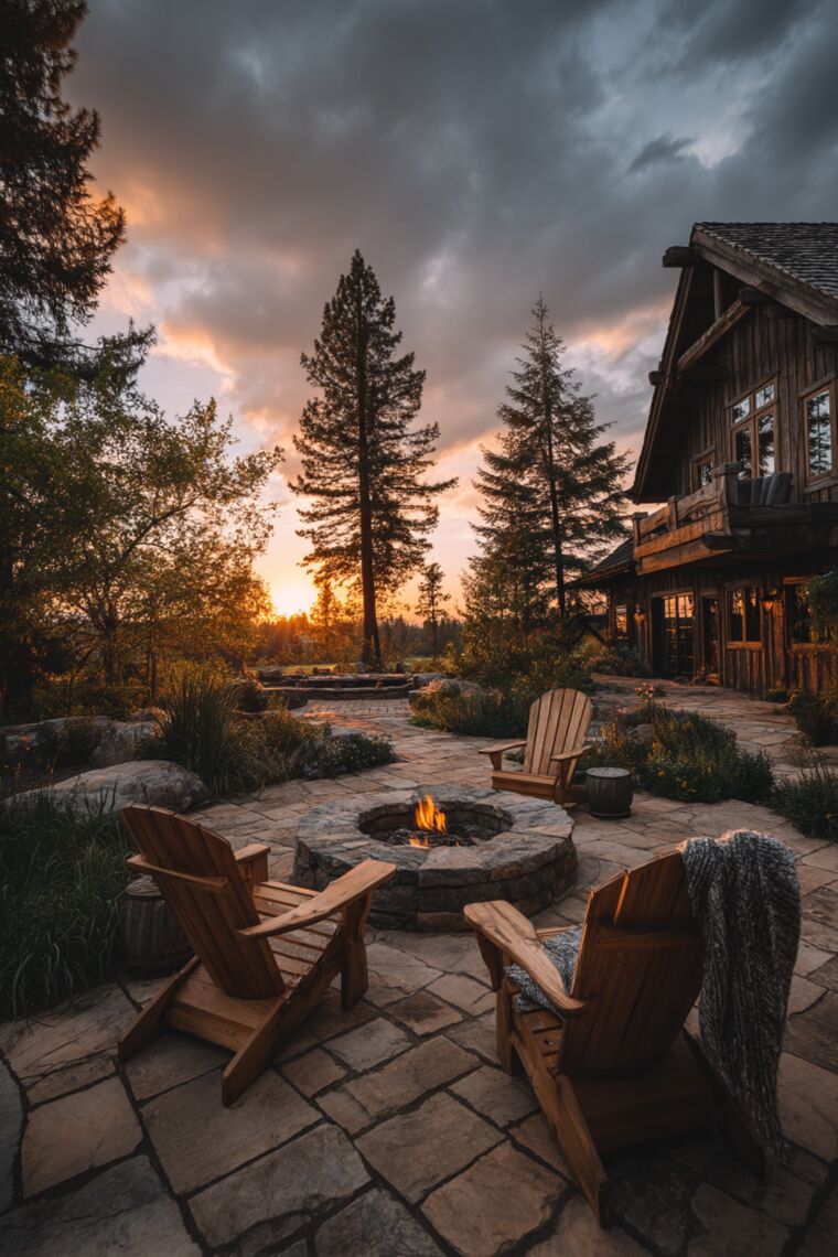 Adirondack chairs circling a round stone fire pit beside a timber cabin at dramatic sunset