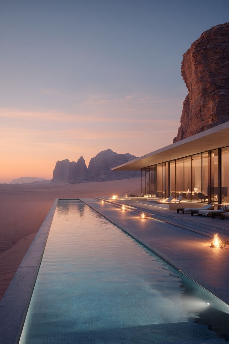 Long infinity lap pool with torch-lit deck fronting a modern glass pavilion beneath desert cliffs