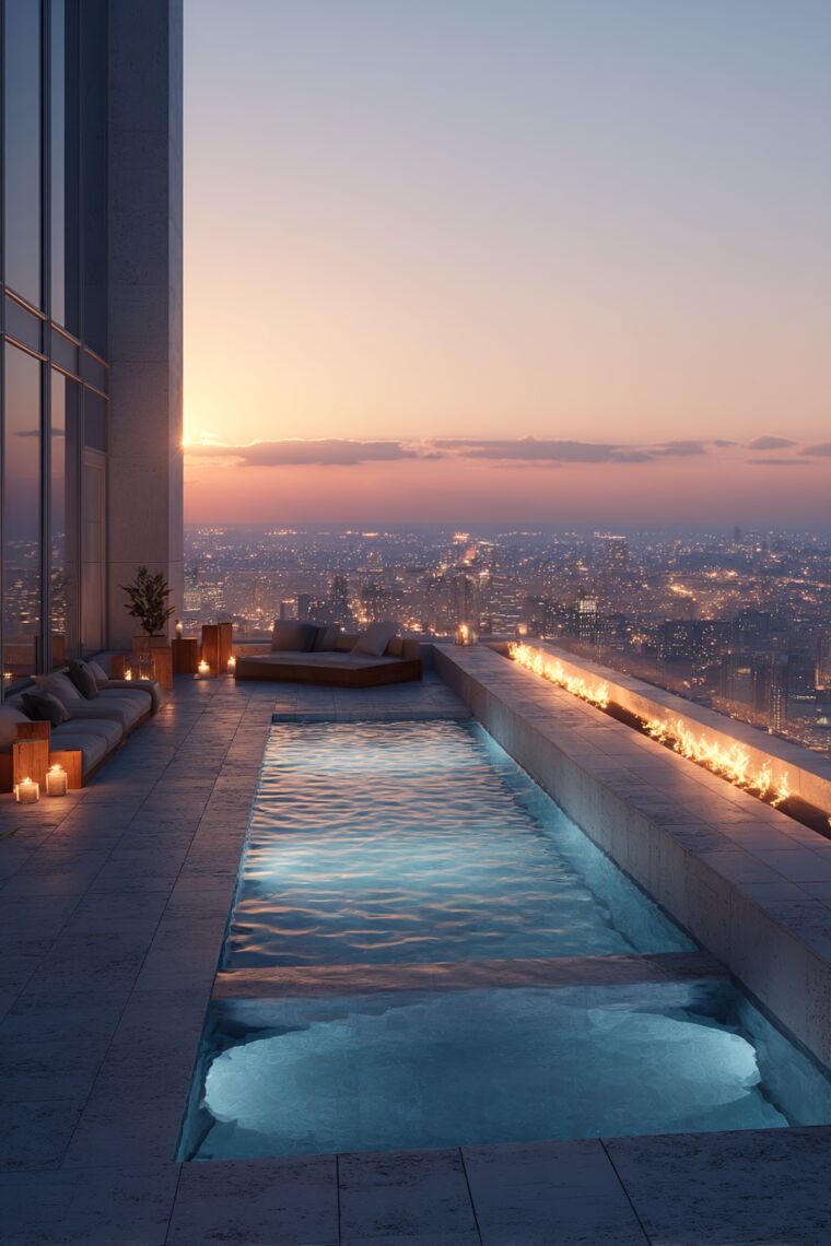 Candlelit rooftop plunge pool with fire feature overlooking a glittering city skyline at dusk