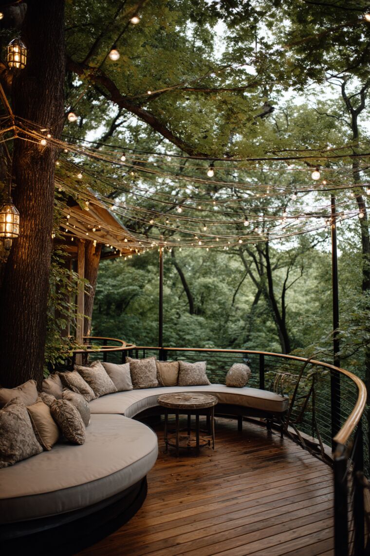 Curved treehouse deck with plush sectional and string lights woven through forest canopy