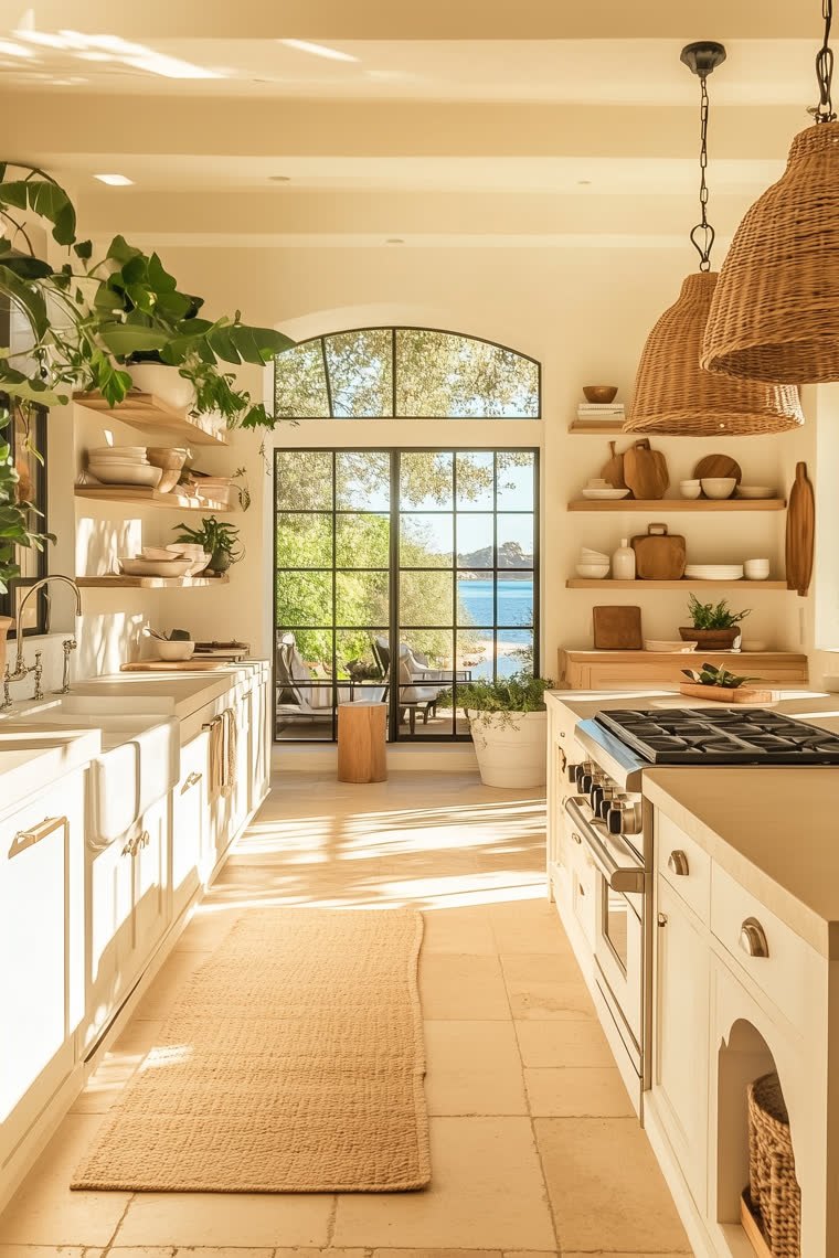 Bright white kitchen with an arched window framing the ocean, woven pendant lights and a jute rug