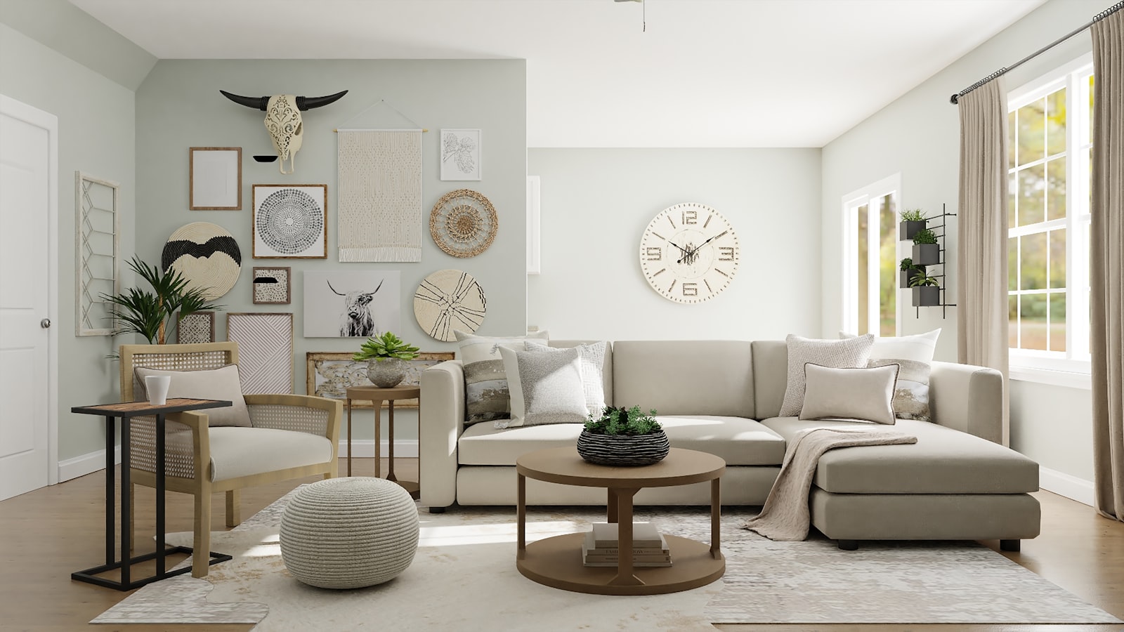 Warm minimalist living room with terracotta accents and walnut wood furniture